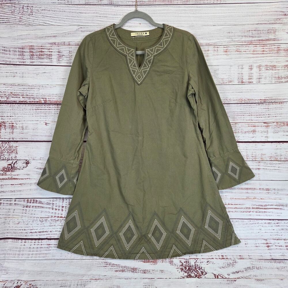 Shukr Tunic Shirt Womens M Olive Green Embroidered Long Sleeve Modest Cotton Top